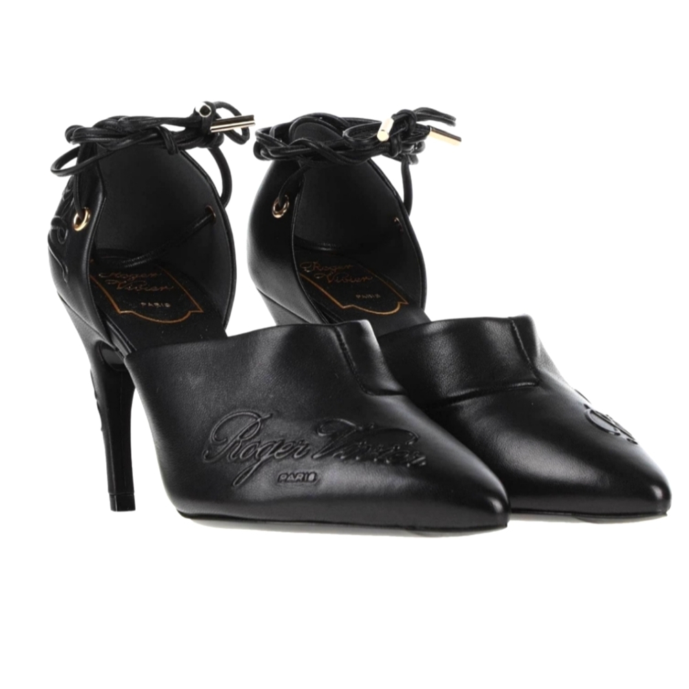 Roger Vivier Logomania Leather Pointed Toe Lace Up Heel Pumps Size 38.5 - Picture 1 of 12